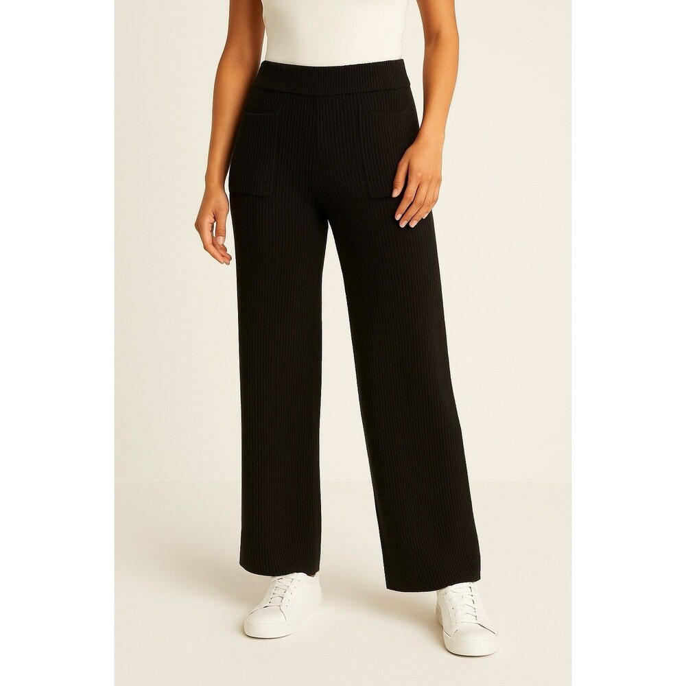 Athleta Felicity Cozy Pant Black Rib Knit Cashmere Blend Wide Leg Pull On M NWT